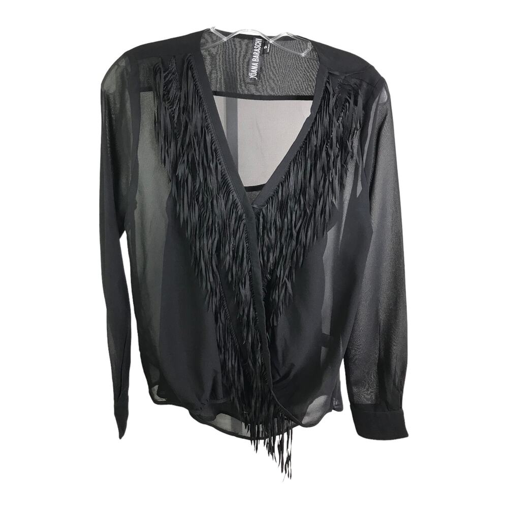 Yoana Baraschi Black Sheer Fringe V-Neck Chiffon Blouse with Camisole XS